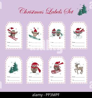 Christmas Gift Tags and Labels Set. Winter sport, cute owls, deer, and fir tree. Vector illustration Stock Vector