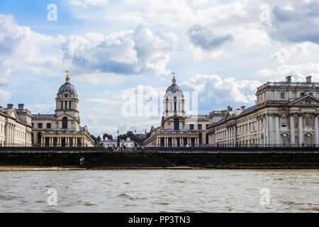 View of the embankment of Greenwich and Old Royal Naval College. Greenwich peninsula in South East London, England. Maritime Museum. Stock Photo