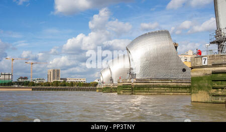 Thames barrier seen from the river Thames, offering flood prevention to London and it's suburbs. Stock Photo