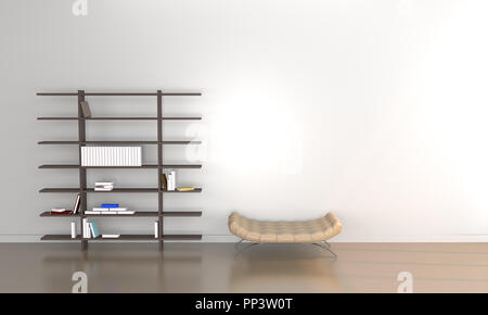 Bookshelf near the wall with books and sofa,3D rendering Stock Photo