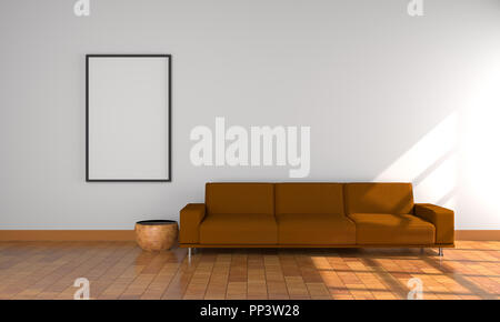 3d model brown sofa ,white frame,white wall and wood floor Stock Photo