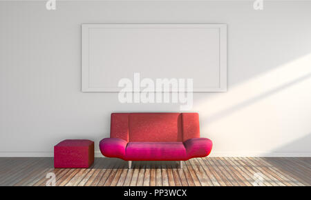 3d red sofa on wood floor and frame on white wall Stock Photo