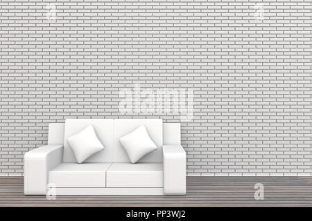 3d white sofa brick wall and wood floor background Stock Photo