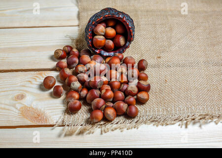 hazelnut lies on a wooden background of large nuts. Stock Photo