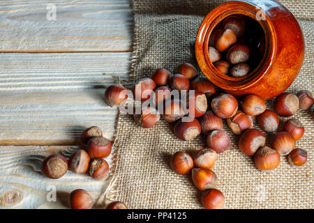 hazelnut lies on a wooden background of large nuts. Stock Photo