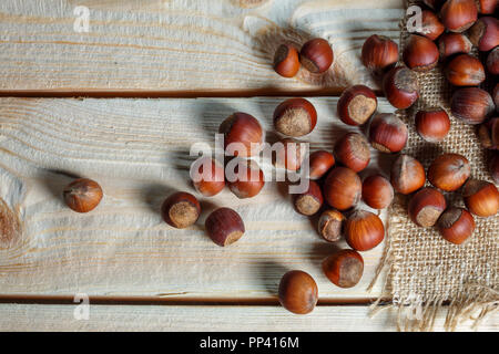 hazelnut lies on a wooden background of large nuts. Stock Photo