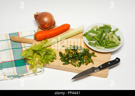 White beans with vegetables and green sauce.. Step by step. Prepared dish: BWCDMH Stock Photo