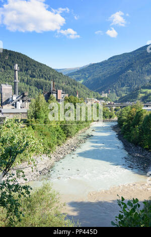 Landeck: confluence of river Sanna and Inn, view to Donau Chemie, TirolWest Region, Tirol, Tyrol, Austria Stock Photo
