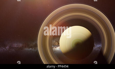 planet Saturn, the sixth planet in the Solar System, top view with Milky Way Stock Photo