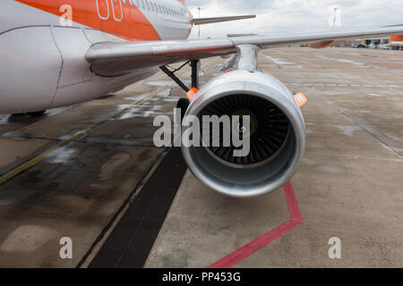 EasyJet aircraft on at loading gate, Cagliari Airport, Sardinia, Italy Stock Photo