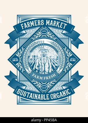 Farmers organic sustainable farming badge is a vector illustration about farm quality products at km 0. Stock Vector