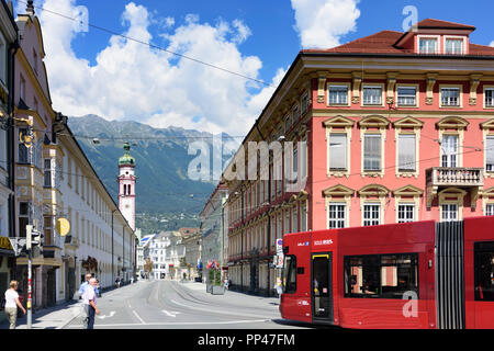 Innsbruck: street Maria-Theresien-Straße, church Servitenkirche, streetcar, Region Innsbruck, Tirol, Tyrol, Austria Stock Photo