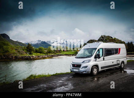Burstner City Car parked up on a pitch in the Lofoten Islands, Norway Stock Photo
