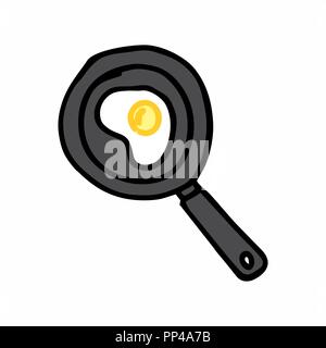 Freehand illustration of a fry pan with an egg. Colorful illustration on white background. Stock Vector
