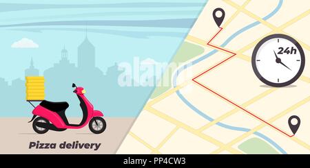 Pizza delivery service concept illustration. Motorbike with pizza boxes on the trunk. Big city on background. City map with pins and clock. Pizza fast Stock Vector