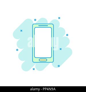 Cartoon colored smartphone icon in comic style. Mobile phone illustration pictogram. Smartphone splash business concept. Stock Vector