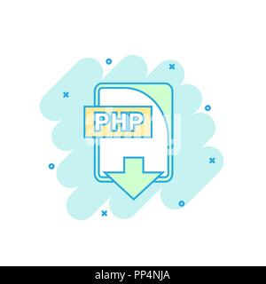 Cartoon colored PHP file icon in comic style. Php download illustration pictogram. Document splash business concept. Stock Vector
