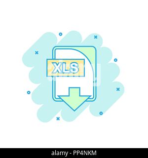 Cartoon colored XLS file icon in comic style. Xls download illustration pictogram. Document splash business concept. Stock Vector