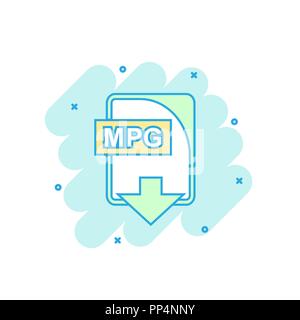 Cartoon colored MPG file icon in comic style. Mpg download illustration pictogram. Document splash business concept. Stock Vector