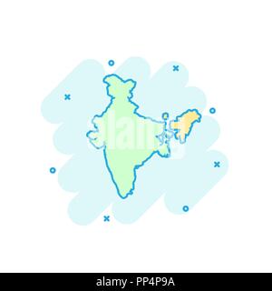 Cartoon colored India map icon in comic style. India sign illustration pictogram. Country geography splash business concept. Stock Vector