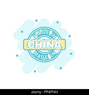 Cartoon colored made in China icon in comic style. China manufactured sign illustration pictogram. Produce splash business concept. Stock Vector