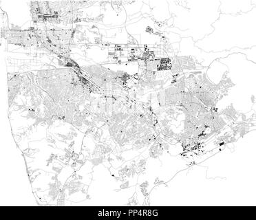 Map of Tijuana, satellite view, black and white map. Street directory and city map. Mexico, California Stock Vector