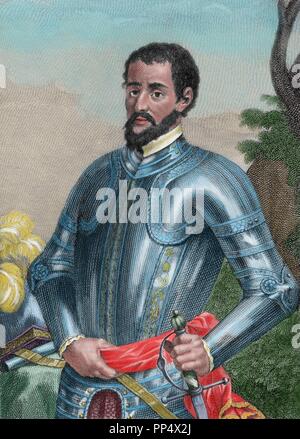 Hernando de Soto (1496/1497-1542). Spanish explorer and conquistador. Engraving. Colored. Stock Photo