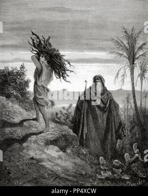 Old Testament. Book of Genesis. Abraham and Isaac. Patriarchs of Israel. Abraham and Isaac carrying the wood for the sacrifice. Chapter XXII, verses 13 to 8. Dore drawing. Engraving by Laplante. 19th century. Stock Photo