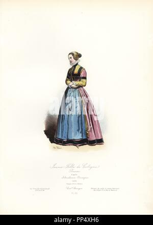 Young girl of Cologne, Prussia, after Abraham de Bruyn, 1581. Handcoloured steel engraving by Hippolyte Pauquet from the Pauquet Brothers' 'Modes et Costumes Etrangers Anciens et Modernes' (Foreign Fashions and Costumes Ancient and Modern), Paris, 1865. Hippolyte (b. 1797) and Polydor Pauquet (b. 1799) ran a successful publishing house in Paris in the 19th century, specializing in illustrated books on costume, birds, butterflies, anatomy and natural history. Stock Photo