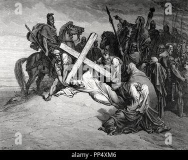 New Testament. Gospel of John. Chapter XIX. Jesus reaches the top of Calvary. Gustave Dore's drawing. Engraving by Huyot. 19th century. Stock Photo