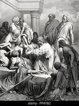 New Testament. Jesus healing the sick. Gospel of Matthew, Chapter IV, Verses 23-25. Drawing by Gustave Dore. Engraving by Bertrand. 19th century. Stock Photo
