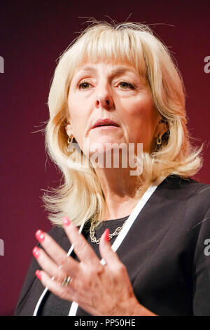 Liverpool, UK. 23rd Sept 2018. Jennie Formby, newly elected General Secretary of the Labour Party at the  Labour Party Conference on Sunday 23 September 2018 held at ACC Liverpool, Liverpool. Pictured: Jennie Formby, takes to the stage to make her first speech as General Secretary of the Labour Party. Picture by Julie Edwards. Credit: Julie Edwards/Alamy Live News Stock Photo