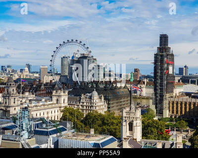 Methodist Central Hall. London. UK 23 Sept 2018 - View of London Eye, Portcullis House and Big Ben from the rooftop of Methodist Central Hall. Methodist Central Hall takes part in the 26th London Open House weekend. Methodist Central Hall is a masterpiece of Edwardian neo-baroque architecture opposite Westminster Abbey. Second largest self-supporting ferro-concrete dome in world. Its Great Hall was the venue for the Inaugural General Assembly of the United Nations in 1946.  Credit: Dinendra Haria/Alamy Live News Stock Photo