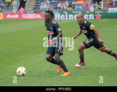 Chester, Pennsylvania, USA. 23rd Sep, 2018. Philadelphia Union's DAVID ACCAM (7) and FABINHO (33) in action against Sporting KC during the match at Talen Energy Stadium in Chester Pennsylvania Credit: Ricky Fitchett/ZUMA Wire/Alamy Live News Stock Photo