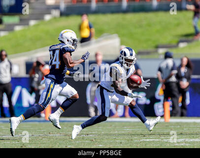 Los Angeles, California, USA. 23rd Sep, 2018. Los Angeles Rams wide receiver Brandin Cooks (12) makes the catch against the Los Angeles Chargers at Los Angeles Memorial Coliseum in Los Angeles, California. Michael Cazares/Cal Sport Media/Alamy Live News Stock Photo