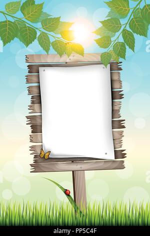 Vector Illustration of a cartoon vertical wood billboard standing in fresh grass and leaves from a tree on with blank paper for your advertisement. Stock Vector
