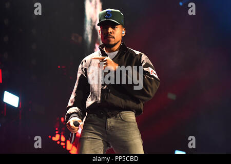 Chance the Rapper performing at BBC 1Xtra Live, at the O2 Arena in London. PRESS ASSOCIATION Photo. Picture date: Saturday September 22nd, 2018. Photo credit should read: Matt Crossick/PA Wire. Stock Photo