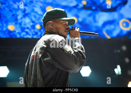 Chance the Rapper performing at BBC 1Xtra Live, at the O2 Arena in London. PRESS ASSOCIATION Photo. Picture date: Saturday September 22nd, 2018. Photo credit should read: Matt Crossick/PA Wire. Stock Photo