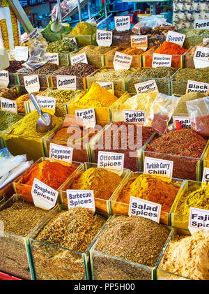 A Turkish spices stall in the Bodrum market, Kapalı Pazar Yeri, at downtown. Mugla Province, Turkey. Stock Photo