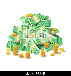 Big pile of cash money banknotes and gold coins, cents. Stock Vector