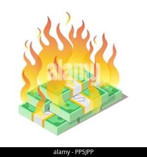 Burning pile of american dollars, banknotes, money lost concept Stock Vector