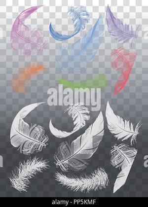 Flying 3D feathers, set of vector graphic design elements, isolated over transparent ba Stock Vector