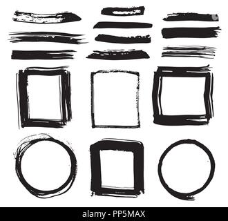 Frames and Brush strokes, grunge textured hand drawn elements set, vector illustration. Stock Vector