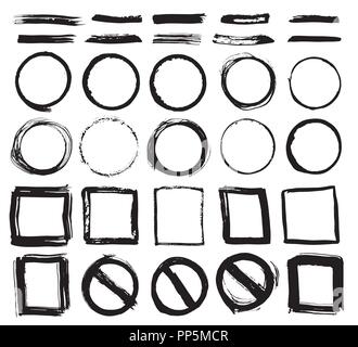 Round Frames, text boxes and Brush strokes, grunge textured hand drawn elements set, vector illustration. Stock Vector