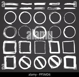 Round Frames, text boxes and Brush strokes, grunge textured hand drawn elements set, vector illustration on chalkboard background. Stock Vector