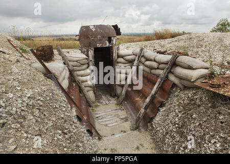 Trench observation post used during the First World War in the Main de Massiges in Marne region in north-eastern France. The Main de Massiges was one of the major sites of the First World War from 1914 to 1918. The trench of German origin was conquered by the 23rd Colonial Infantry Regiment of the French Army on 25 September 1915 and was the first line of French defence from September to October 1915. The trench observation post was restored during the restoration works in the area realized by the Main de Massiges Association since 2009. Stock Photo