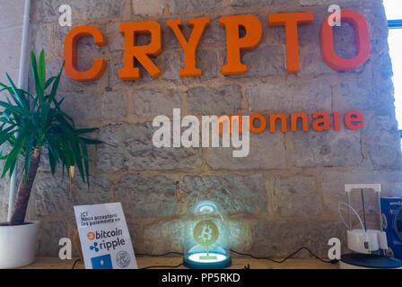 Marseille, FRANCE, Detail Bitcoin Payment Sign in Concept Store, Inside, Shopping Center, Center CIty, Les Docks VIllage Stock Photo