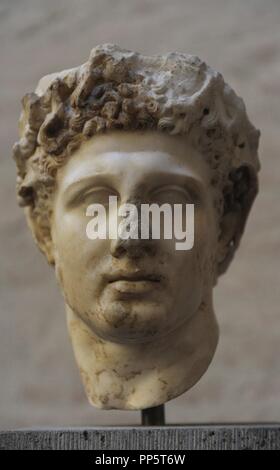 Heracles. Was a divine hero in Greek mythology. Son of Zeus and Alcmene. Heracles head with wreath. Roman sculpture after an original of about 330 BC. Stock Photo