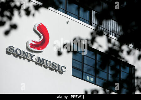 A logo sign outside of a facility occupied by Sony Music Entertainment in Munich, Germany, on August 29, 2018. Stock Photo