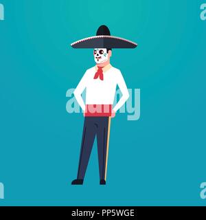 day of dead traditional mexican halloween man wearing traditional clothes skeleton mask dia de los muertos holiday party male cartoon character full length flat Stock Vector